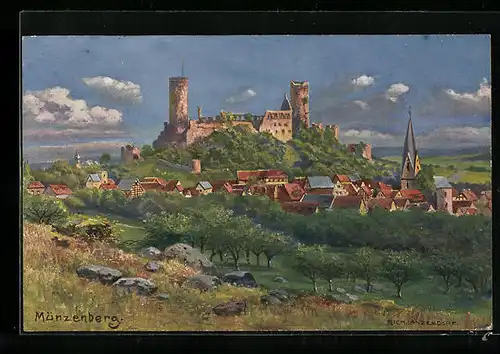 Künstler-AK Münzenberg, Ortsansicht mit Burg