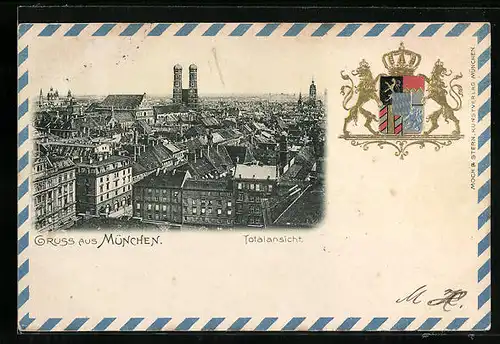 AK München, Totalansicht aus der Vogelschau, Präge-Wappen