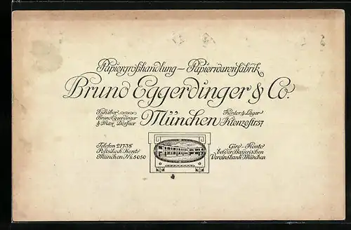 AK München, Papierwarenfabrik Bruno Eggerdinger & Co., Klenzestrasse 57, Empfangsbestätigungs-Formular mit Firmenlogo