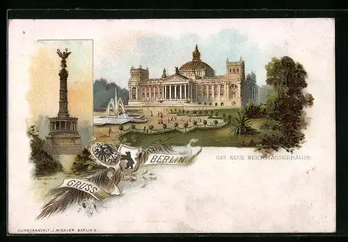 Lithographie Berlin, Neues Reichstagsgebäude, Siegessäule