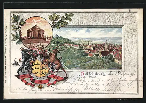 Passepartout-Lithographie Rothenberg, Panorama und Kapelle, Wappen