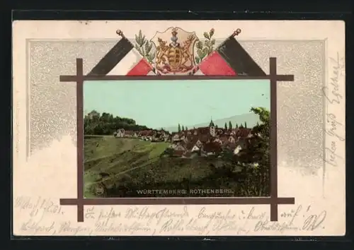 Passepartout-Lithographie Rothenberg /Württ., Ortsansicht, Wappen