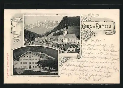 AK Ramsau, Gasthaus, Ortsansicht mit Bergen