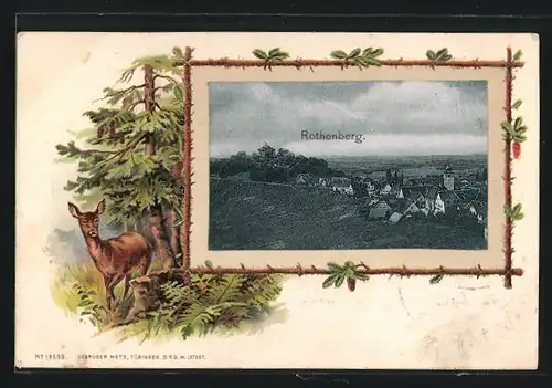 Passepartout-Lithographie Rothenberg, Ortsansicht mit Kirche