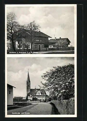 AK Pfaffenhofen, Bäckerei Krämerei v. F. Mayer, Dorfstrasse mit Kirche