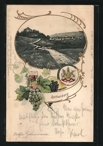 Passepartout-Lithographie Rothenberg, Strasse zum Ort, Wein, Wappen
