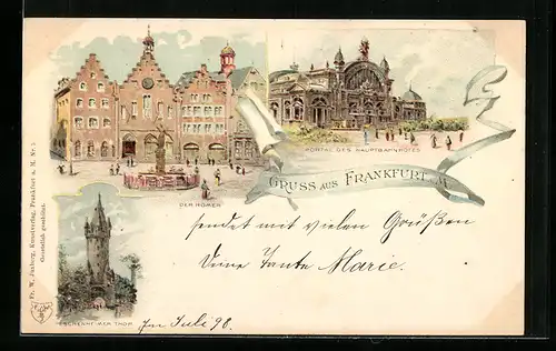 Lithographie Frankfurt a. M., Portal des Hauptbahnhofes, Der Römer, Eschenheimer Thor