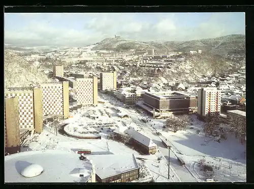 AK Suhl, Blick vom Hochhaus am Viadukt im Winter