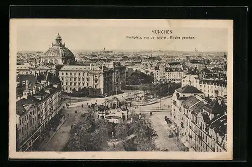 AK München, Strasse am Karlsplatz von der St. Matthäus- (protest.) Kirche gesehen