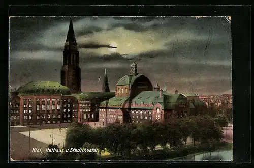 Mondschein-AK Kiel, Rathaus und Stadttheater aus der Vogelschau