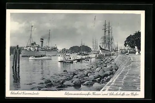 AK Travemünde /Ostsee, Ostpreussendampfer Kaiser und Schulschiffe im Hafen