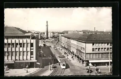AK Darmstadt, Blick vom Schloss auf die Rheinstrasse mit Strassenbahn
