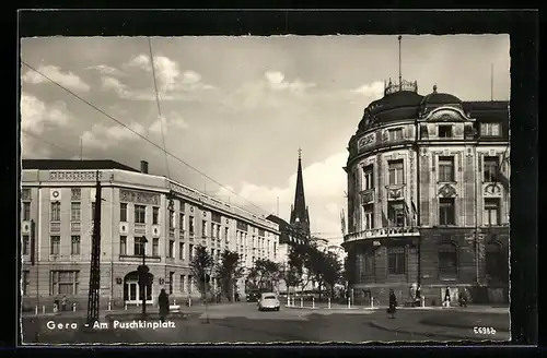 AK Gera, Am Puschkinplatz mit Kirche