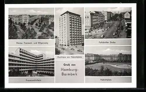 AK Hamburg-Barmbek, Fuhlsbütteler Strasse mit Kaufhaus, Hochhaus am Habichtplatz, Frauenwohnheim