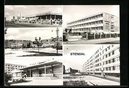 AK Stendal, HO-Kaufhalle Stadtsee, Gasthaus am Fritz-Heckert-Ring, Neubauten