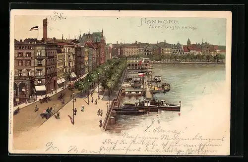 Lithographie Hamburg-Neustadt, Strasse Alter Jungfernstieg mit Passanten