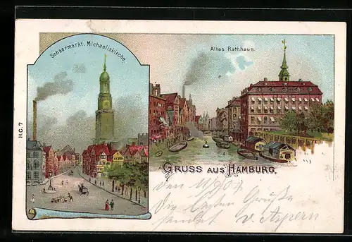 Lithographie Hamburg, Altes Rathaus, Schaarmarkt mit Michaeliskirche