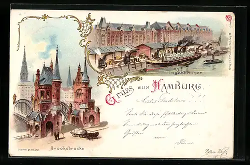 Lithographie Hamburg, Lagerhäuser, Brooksbrücke