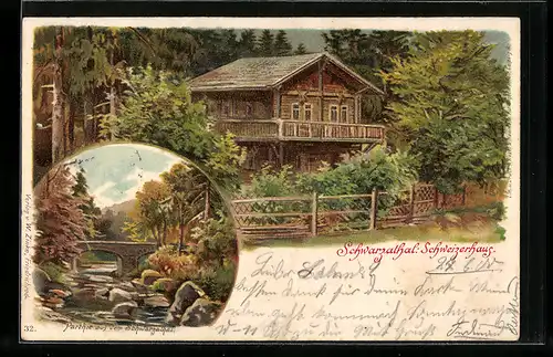 Lithographie Schwarzburg, Schweizerhaus im Schwarzatal, Ortspartie mit Brücke