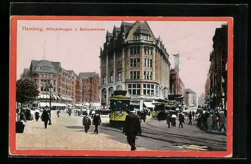AK Hamburg, Strasseneck Mönckebergstrasse und Rathausstrasse mit Stadt-Cafe Bröhan und Strassenbahn