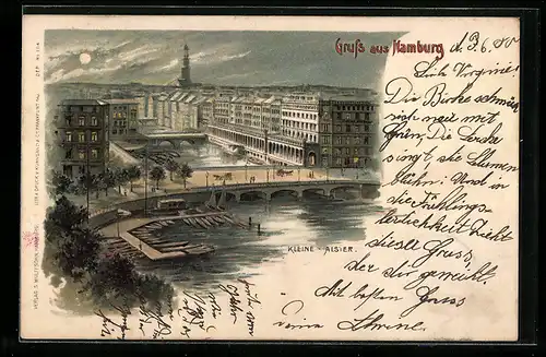 Lithographie Hamburg, Teilansicht mit Kleine Alster, Alsterarkaden