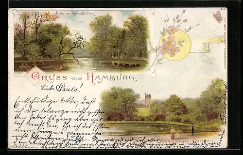 Lithographie Hamburg-St.Pauli, Botanischer-Garten, Zoologischer Garten