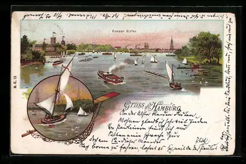 Lithographie Hamburg, Aussen Alster, Uferpartie mit Segelbooten