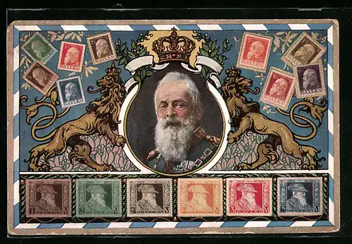 AK Porträt Prinzregent Luitpold mit Löwen und Krone, Briefmarken