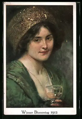 AK Wiener Blumentag 1912, Portrait einer Dame mit Weinglas in der Hand