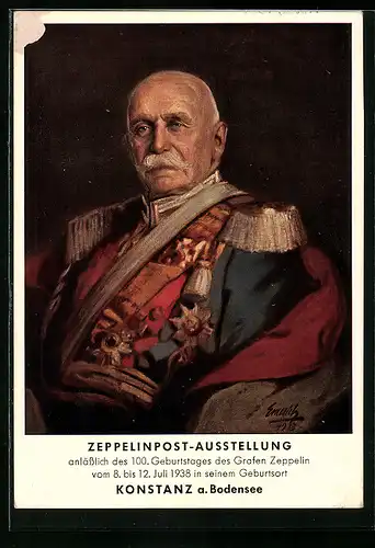 Künstler-AK Konstanz, Zeppelinpost-Ausstellung 1938, Bildnis Graf Zeppelin in Uniform