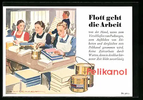 Künstler-AK Reklame für Pelikanol Klebstoff, Verschliessen von Packungen