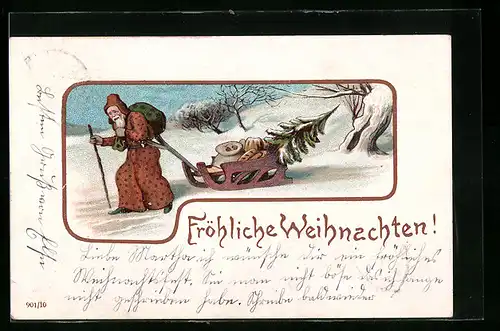 AK Weihnachtsmann zieht einen Schlitten