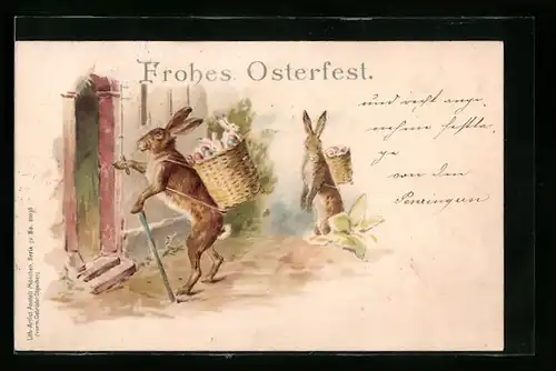 AK Osterhasen mit Kiepen an Haustür