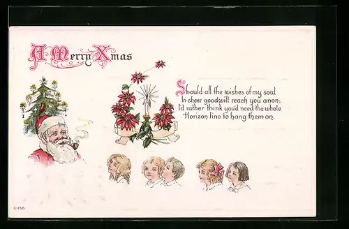 Präge-AK Weihnachtsmann mit Kindern, Tannenbaum und Kerzengesteck, A Merry Xmas