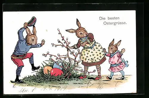 AK Osterhasen mit Palmkätzchenzweig