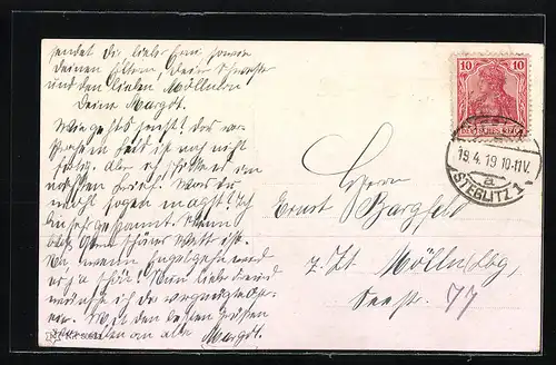 AK Osterhasen mit Palmkätzchenzweig