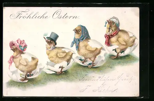 AK Schlüpfende Osterküken mit Haube, Kopftuch, Zylinder und Schlafmütze