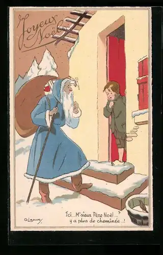 Künstler-AK Joyeux Noel, Weihnachtsmann mit blauem Mantel