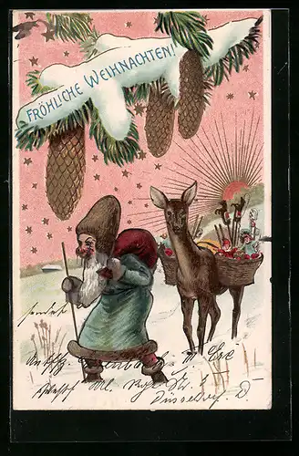 Lithographie Fröhliche Weihnachten, Weihnachtsmann und Reh unterwegs