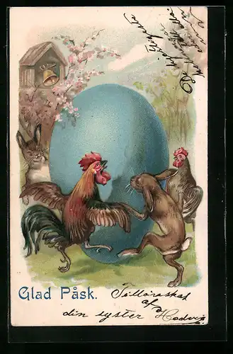 AK Osterhase tanzt mit Hühnern zum Feste