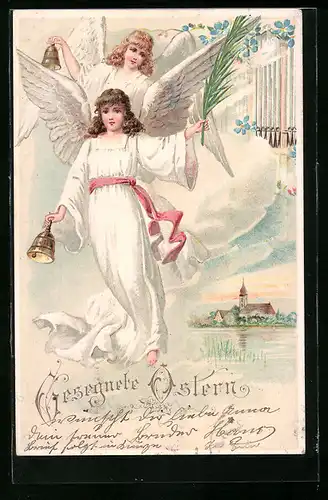 Lithographie Engel mit Glocken und Palmwedel, Osterengel