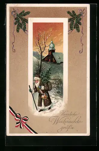 AK Weihnachtsmann spaziert im Schnee