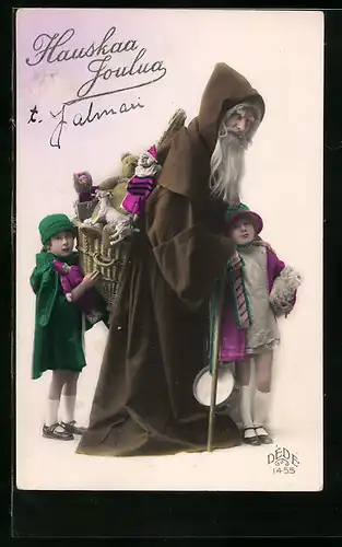 AK Weihnachtsmann mit Kindern und Geschenkekorb