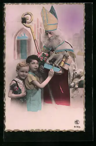 AK Nikolaus mit Knaben und Spielzeug-Hunden