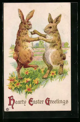 AK Tanzende Osterhasen auf der Blumenwiese