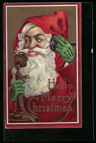 Präge-AK Weihnachtsmann am Telefon, Hello, Merry Christmas