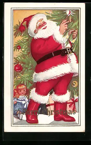 AK Weihnachtsmann zündet die Kerzen am Christbaum an