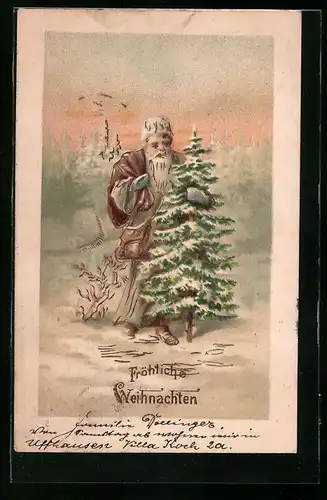 AK Weihnachtsmann mit Tannenbaum im Schnee