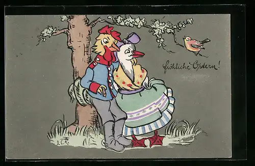 AK Hahn in Uniform mit seiner Liebsten zu Ostern