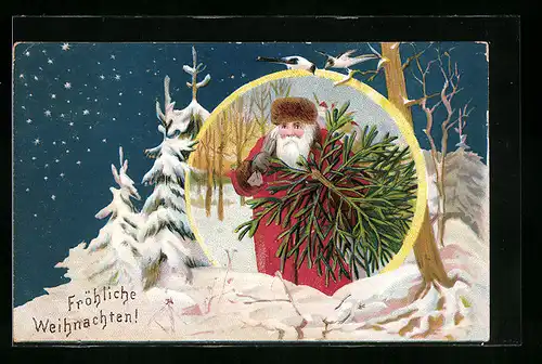 AK Weihnachtsmann mit Tannenbaum in Winterlandschaft